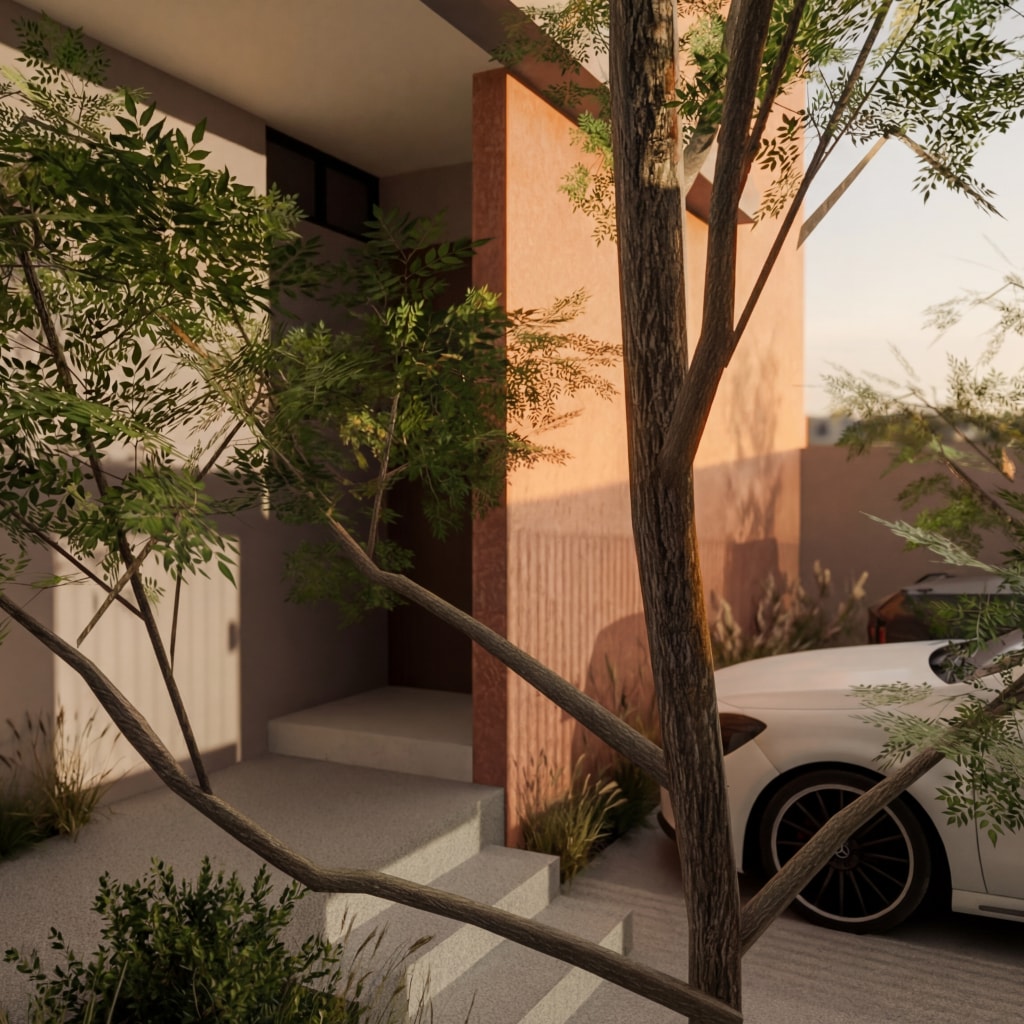 Architectural detail with textured stone walls and minimalist frames