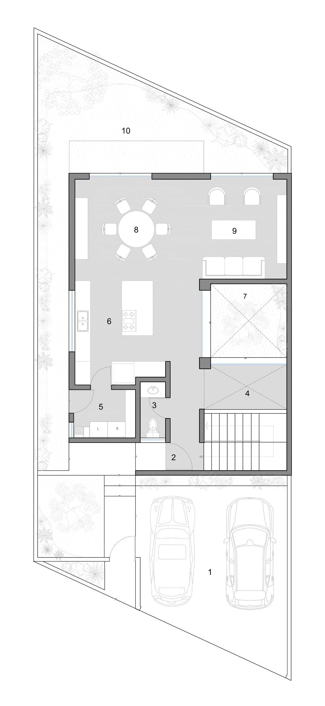 Minimalist black and white architectural floor plan drawing showing an open concept ground floor with living room and garden access