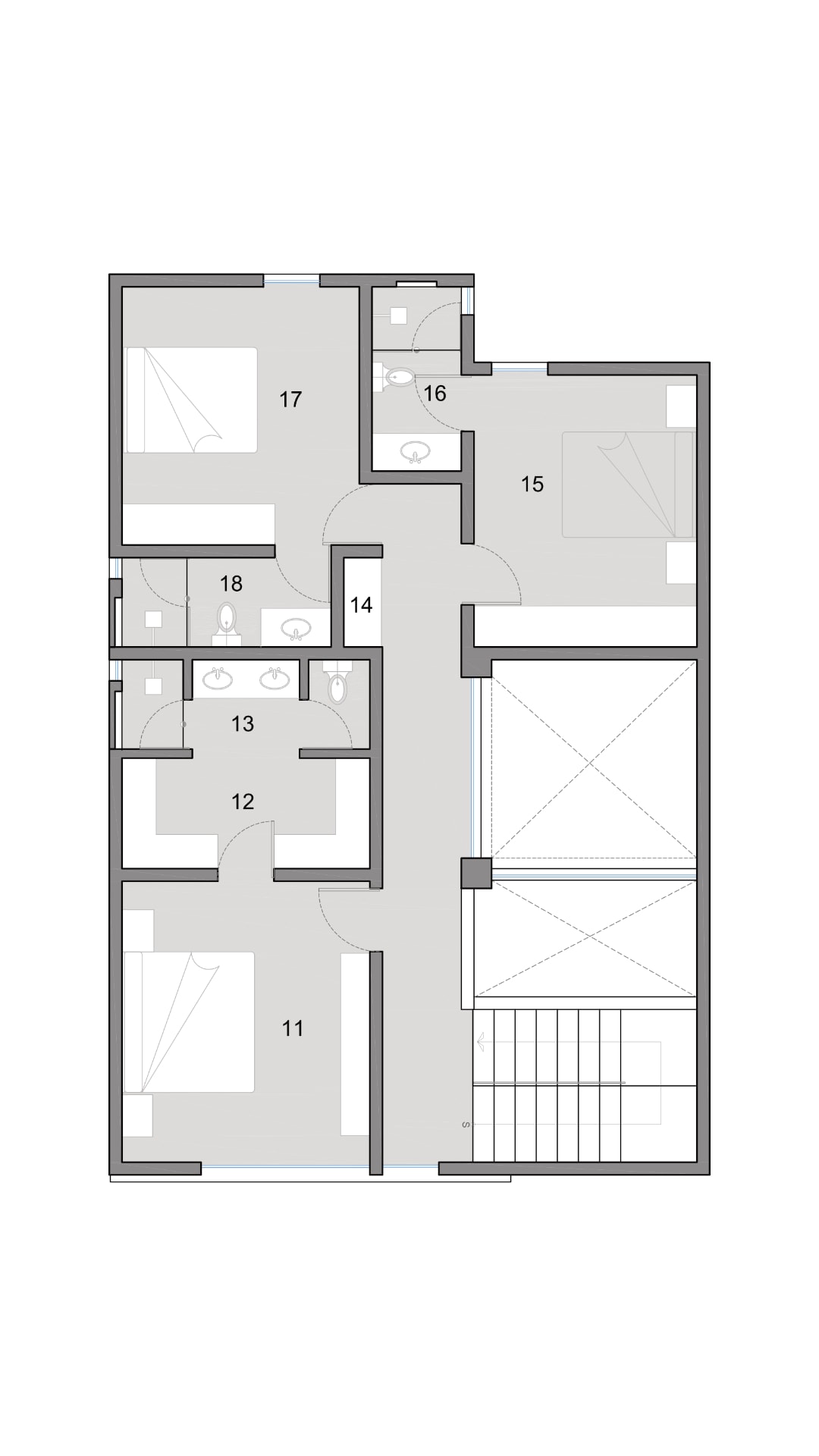 Detailed architectural floor plan design of an upper level master suite with walk-in closet and private balcony