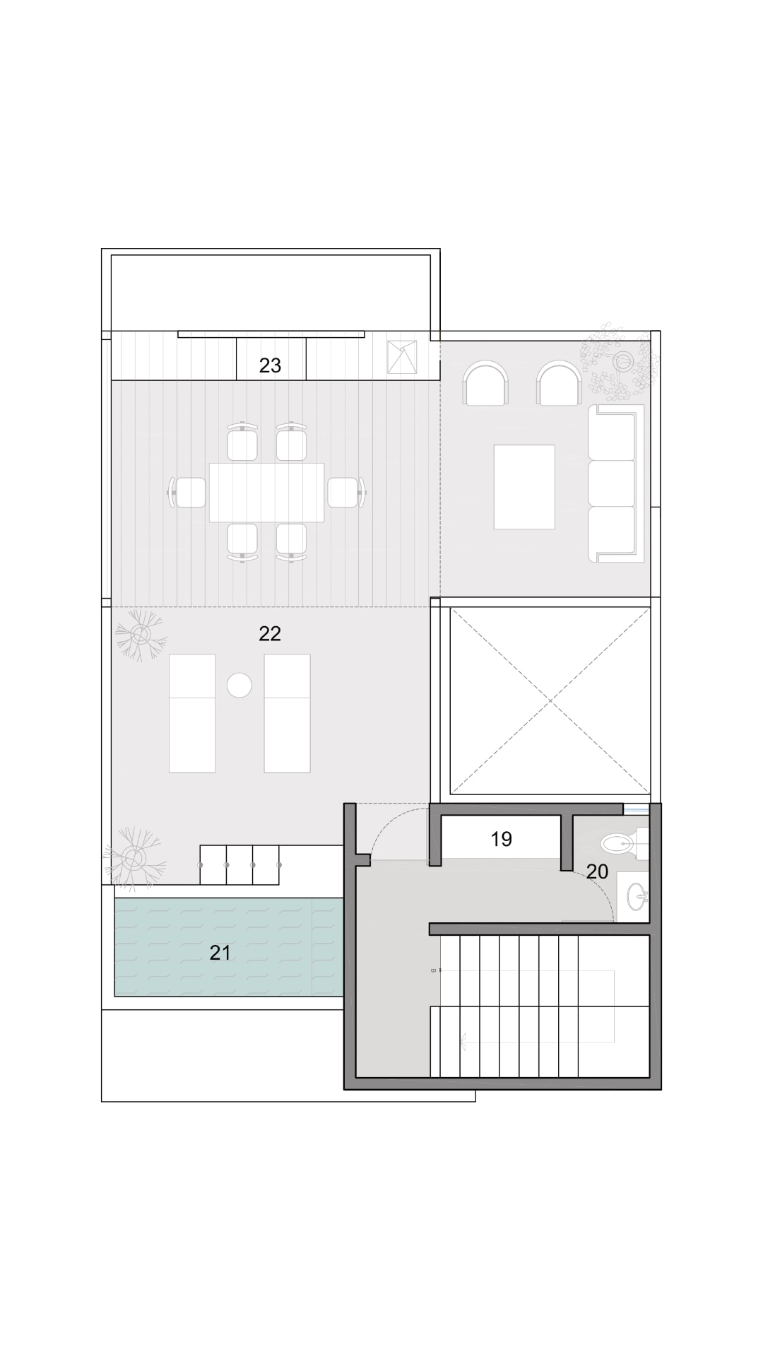 Minimalist structural layout of a luxury rooftop terrace featuring a pool deck and grill area