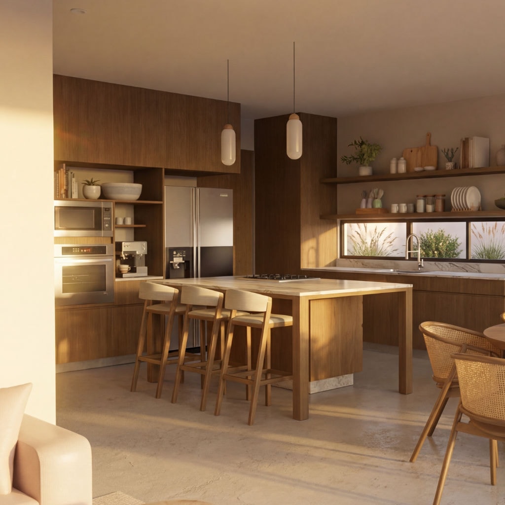 High-end kitchen finishes with marble countertops and custom wood cabinetry