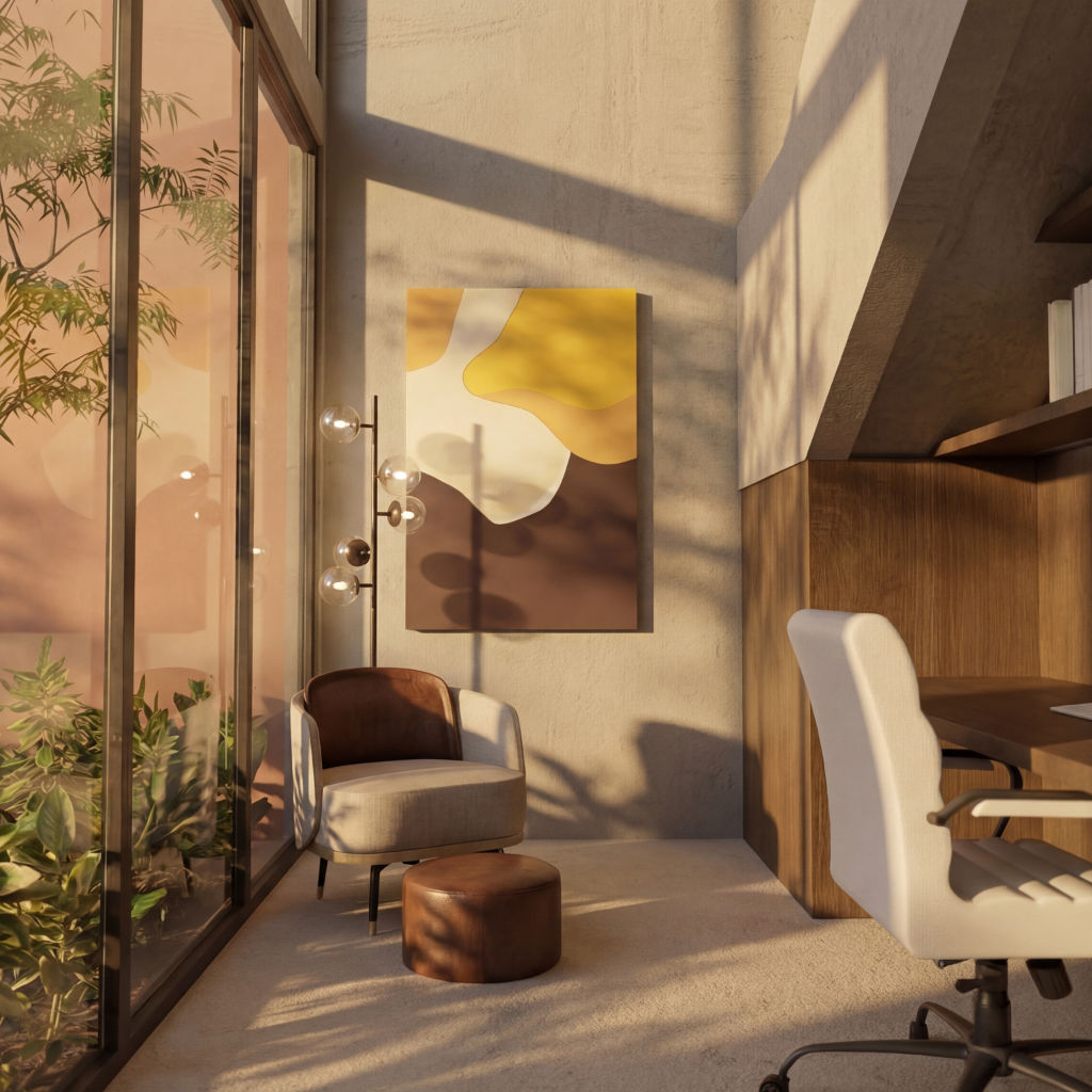 Minimalist interior living room with floor to ceiling windows and natural stone floors