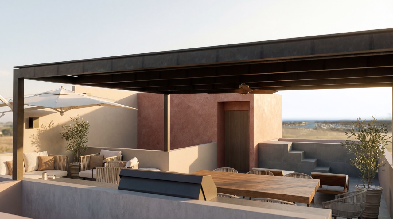 Minimalist interior living room with floor to ceiling windows and natural stone floors