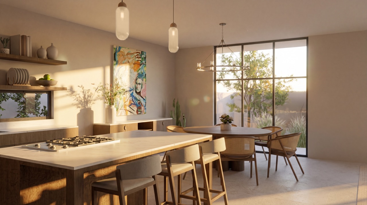 Primary bedroom with large windows, soft bedding, and a warm minimalist palette