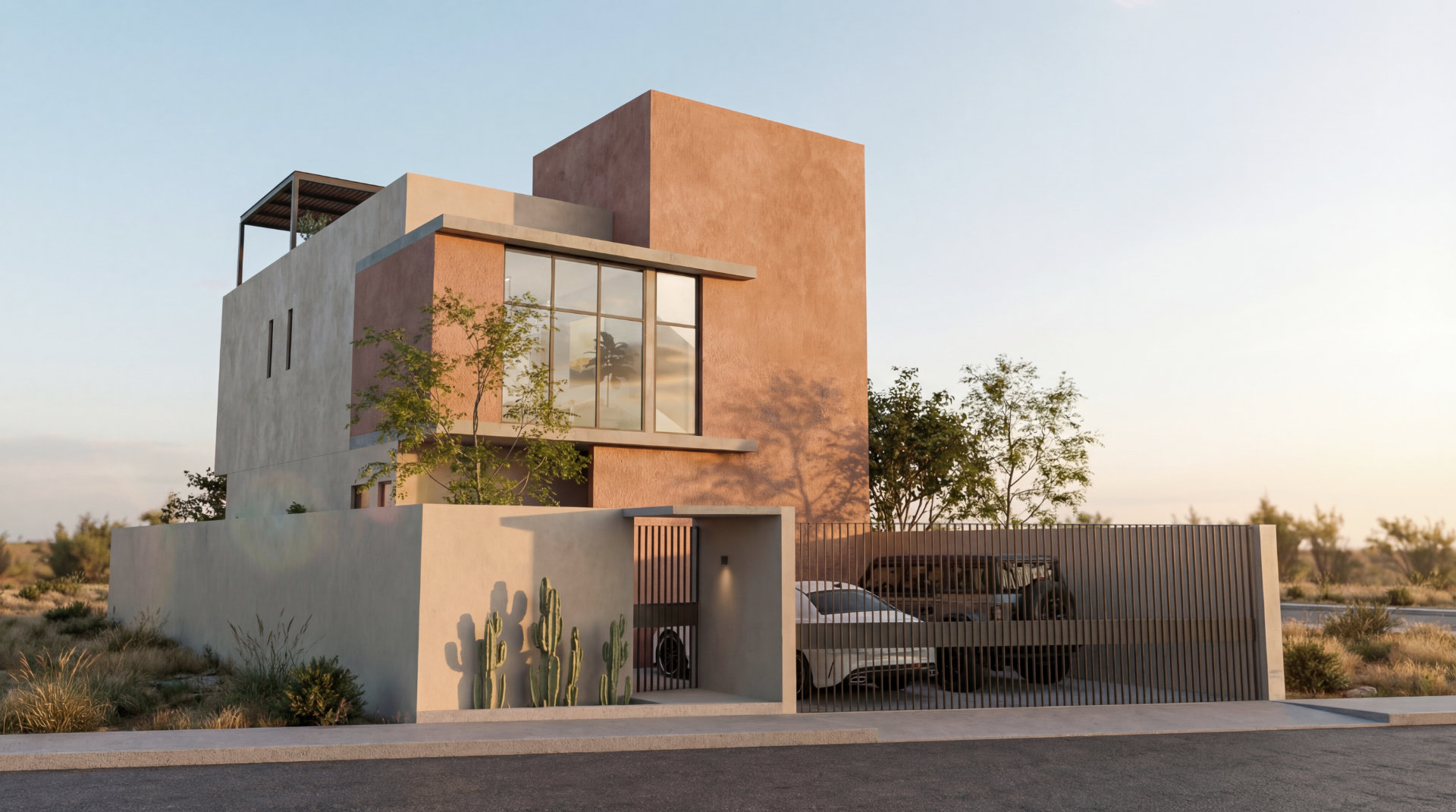 Luxury coastal villa in San José del Cabo at sunset with warm sky reflected on an infinity pool