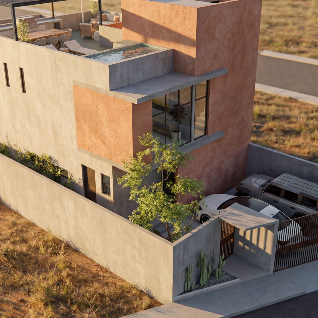 Architectural detail of a luxury villa in warm evening light
