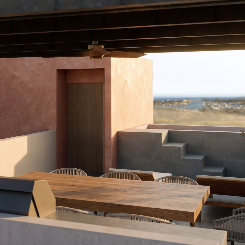 Luxury beachfront lounging area with neutral tones and ocean waves in the background